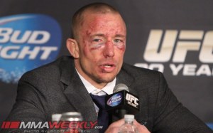 Georges St-Pierre at the UFC 167 post-event press conference on Saturday night. (Scott Peterson/MMA Weekly)